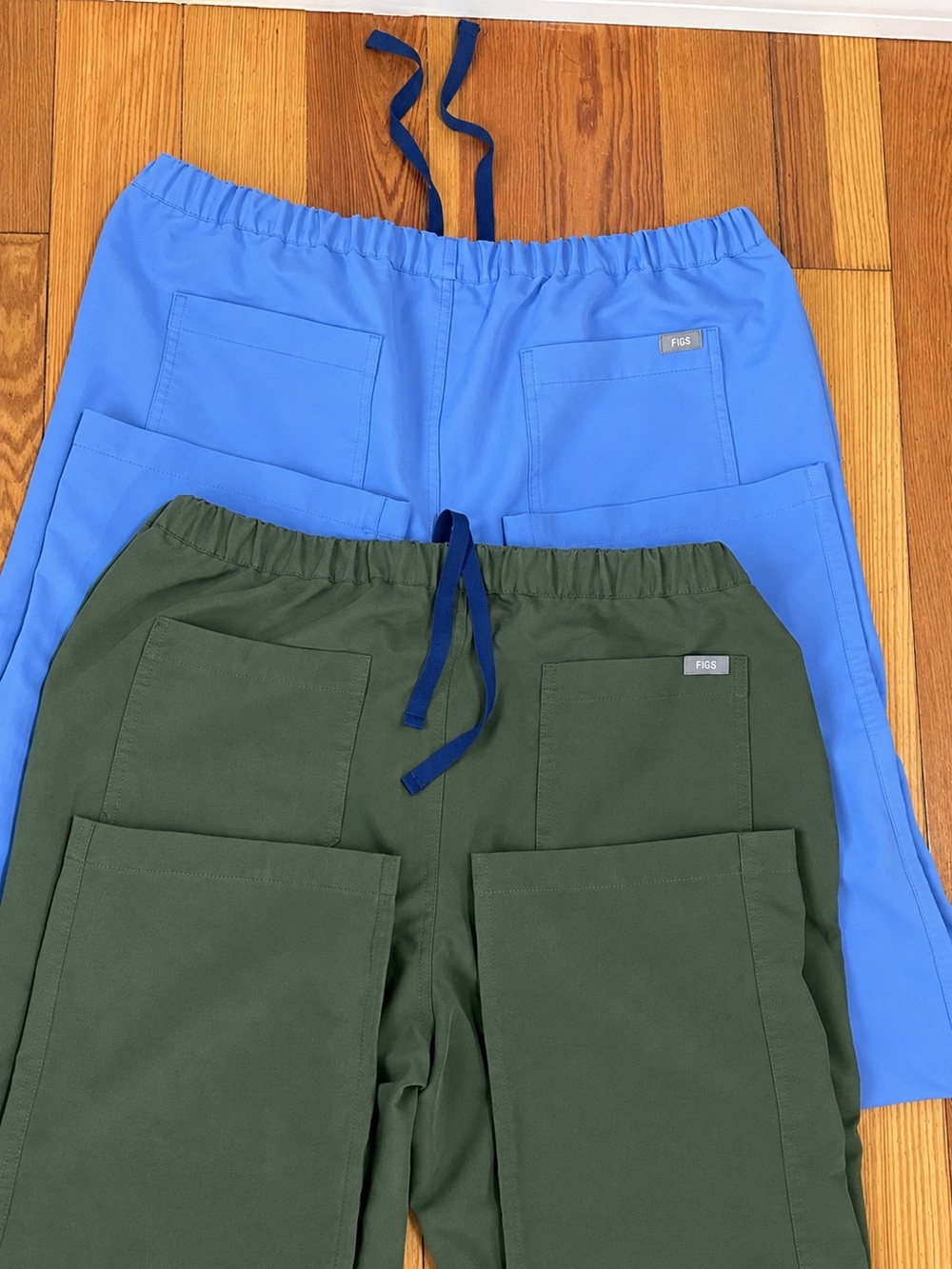 FIGS straight leg pants in Olive Green and Blue